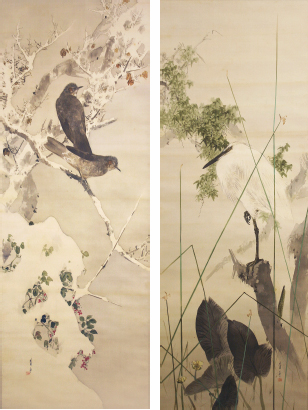 渡邊省亭「青楓白鷺・雪中鵯図」